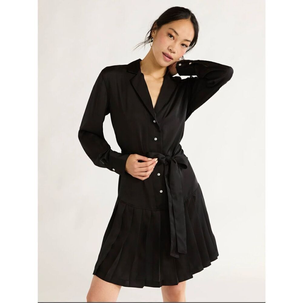 🌻 Free Assembly Black Pleated Button Up Shirt Dress Size Small